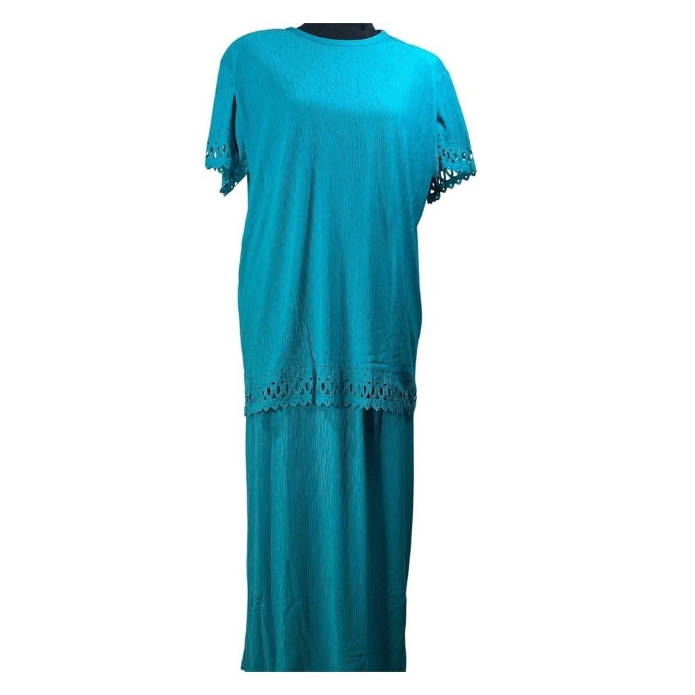 Superline USA Vintage Teal 2 Pc set Skirt Set Eyelet Plisse coastal grandma